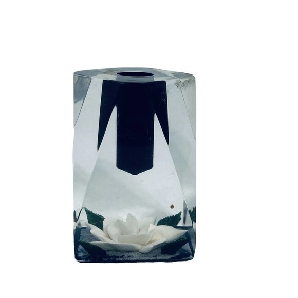 Vintage Clear Lucite Bircraft White Rose Candle Holder Paperweight USA Resin 3” - Picture 4 of 12